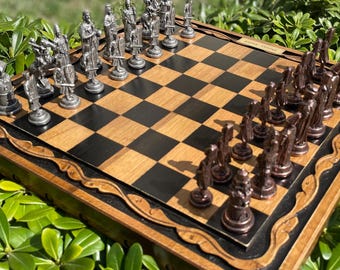 Handmade Medieval Chess Set, Antique Copper Metal Pieces, Walnut & Rosewood Board