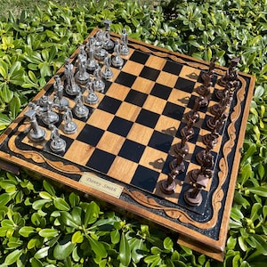 Handmade Wooden Chess Set: Metal Pieces, Engraved Board