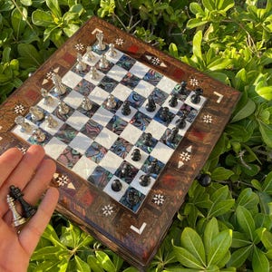 Handmade Chess Set Fathers Day Gift Mini Pearl Motifs Special Design Chessboard w/ Classic Black Silver Schach Pieces, Christmas Adult Chess