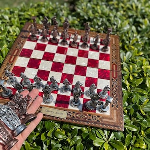 13 Inches Foldable Board w/ Medieval Chess Pieces for Chess Masters Adults, Handmade Chess Set Inlaid Pearl Motifs for Best Fathers Day Gift