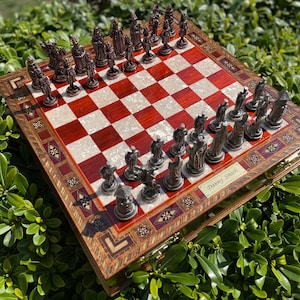 Handmade Natural Walnut Inside Storage Chess Set with Metal Crusaders Chess Pieces, Gift for Him, Fathers Day Gift, Unique Masters Chess