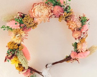 Gedroogde bloemenkroon, roze bruiloft bloemenkroon, zendspoel boho bruid bruidsmeisje, bloemenmeisje haarkrans, verjaardags haaraccessoire voor kinderen