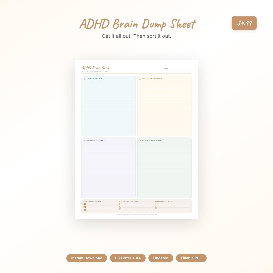 ADHD Brain Dump Sheet Printable, Thought Organizer for Adults, Mental ...