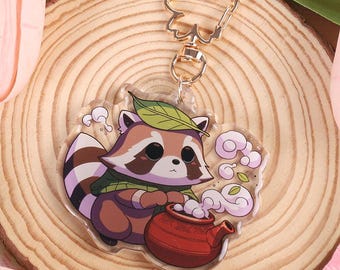 Raccoon Tanuki Keychain: Double Sided Acrylic Tea Drinking Charm