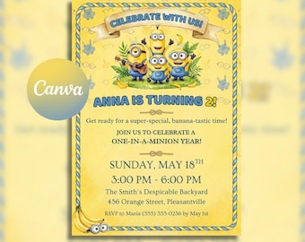 Minion Theme Birthday Card Party Invitation Template, Online Invitation, Editable Invite (Canva Template)