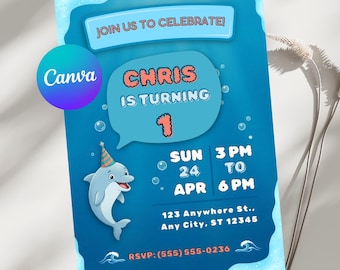 Dolphin Themed Birthday Card, Online Invitation, Editable Invite (Canva Template)