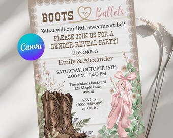 Boots or Ballets Gender Reveal Party Invitation Card Template, Online Invitation, Editable Invite (Canva Template)