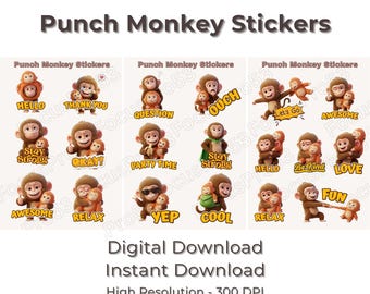 Pixar Style Punch Monkey Stickers, Bundle of 19 Designs, Trending Monkey Cartoonic (Digital PNG)