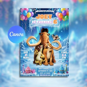 May include: A birthday party invitation featuring characters from the animated movie "Ice Age." The invitation has a blue background with the text "Joey is turning 6." Colorful balloons, cupcakes, and the date are also included.