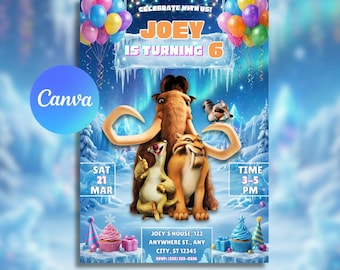 Ice Age Theme Birthday Party Invitation | Ice Age Movie Party Invite | Editable Design (Canva Template)