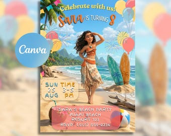 Moana Theme Birthday Party Invitation | Moana Movie Party Invite | Editable Design (Canva Template)