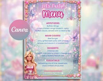 Barbie Theme Menu Card for Birthday Party | Barbie Doll Party Menu Card | Editable Design (Canva Template)