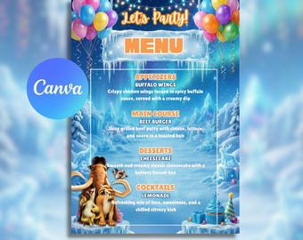 Ice Age Theme Menu Card for Birthday Party | Winter Party Menu Card | Editable Design (Canva Template)
