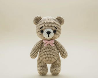 Handmade Crochet Amigurumi Teddy Bear Beige Wool Stuffed Plush Toy with Bow Soft