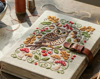 Embroidered Woodland Owl Journal, Handmade Linen Notebook, Cottagecore Craft Planner, Forest Keepsake Book