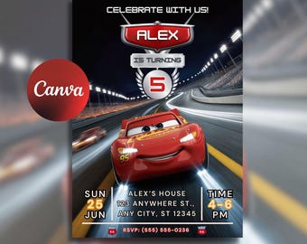 Lightning McQueen Theme Birthday Invitation | Cars Movie Party Invite | Editable Design (Canva Template)