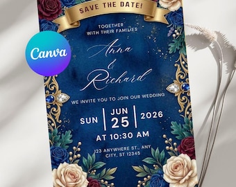 Royal Blue Wedding Card Invitation, Online Invitation, Editable Invite (Canva Template)