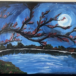Pintura de árbol a la luz de la luna: paisaje nocturno sereno, acrílico sobre lienzo