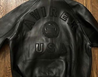 Chaqueta bomber Avirex negra de piel de cordero auténtica, chaqueta de cuero American Flight Avirex Icon para hombre