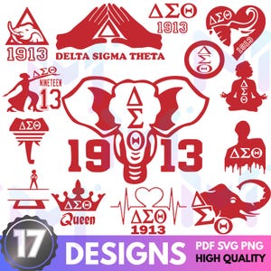 May include: A collection of 17 red Delta Sigma Theta designs, including an elephant, hands, and the year 1913. The designs are in a variety of styles, including a crown, a heart, and a silhouette of a person meditating. The image also includes the text "DESIGNS" and "HIGH QUALITY".