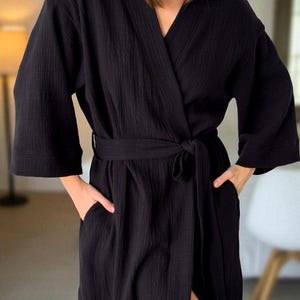 Black Muslin Cotton Long Kimono Robe - Lightweight Cotton Bathrobe with Belt and Pockets, Loungwear, Gift for Her, Bathrobe for Women