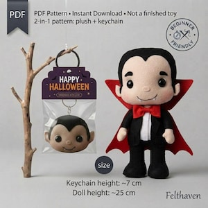 Puede incluir: Un patrón PDF para un peluche y un llavero de vampiro. El peluche es una muñeca vampiro con pelo negro, capa roja y camisa blanca. El llavero es una cabeza de vampiro en una bolsa con la etiqueta Happy Halloween. Altura del llavero ~7 cm, altura de la muñeca ~25 cm.