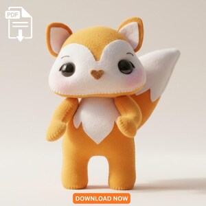 Puede incluir: Un peluche de zorro naranja y blanco, con grandes ojos negros, una nariz en forma de corazón y una cola blanca y esponjosa. El zorro tiene un diseño lindo y de dibujos animados. Las palabras "DOWNLOAD NOW" están en un rectángulo naranja en la parte inferior.