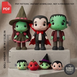 May include: A PDF pattern for three standing dolls featuring a witch, a vampire, and a green monster, plus four smaller doll heads. A ruler shows a doll height of 1.97 inches to 11.81 inches. Text includes PDF PATTERN, INSTANT DOWNLOAD, and BEGINNER FRIENDLY.