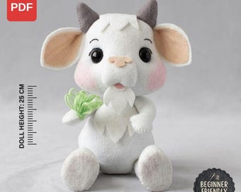 Goat Felt Doll Sewing Pattern PDF, 14 inch Farm Plush, Standing 3D
