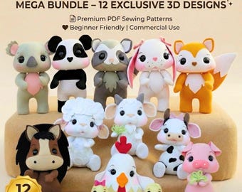 3D Felt Animal Sewing Patterns Mega Bundle – Farm & Forest Plushies | 10+ Patterns Commercial Use