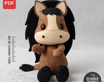May include: A PDF pattern for a felt horse doll, not a finished toy. The horse has a brown body, a cream-colored face patch, and a black mane, tail, and hooves. A ruler graphic indicates a doll height of 25 cm. Text reads: PDF PATTERN. INSTANT DOWNLOAD. NOT A FINISHED TOY. BEGINNER FRIENDLY.
