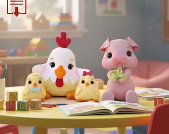 Farm Animal Sewing Pattern – Hen, Chicks and Pig Plush PDF – Felt Soft Toy DIY