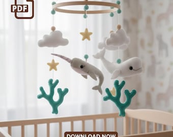 Ocean Felt Pattern Set PDF – Narwhal, Beluga, Seaweed | DIY Nursery Mobile, Wreath & Keychain Decor