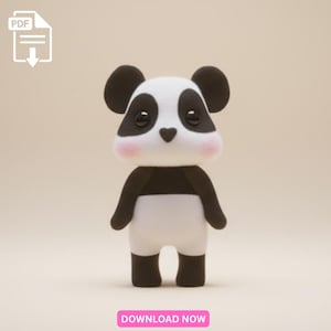 May include: A plush panda bear figurine with black and white fur, black ears, and rosy cheeks. The panda has a heart-shaped nose and is standing upright. The image includes a "DOWNLOAD NOW" button.