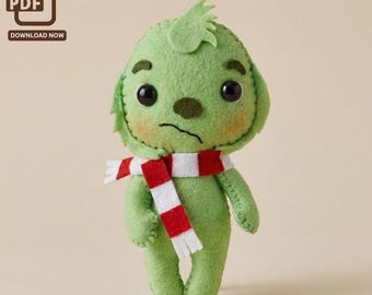 3D Green Grouch Doll Pattern - Handmade Christmas Ornament PDF - Felt Craft Tutorial.