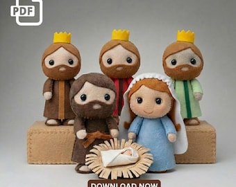May include: A felt nativity scene with five figures: three kings with gold crowns, Mary in a blue dress, and Joseph. A baby in a manger is in the foreground. The text "DOWNLOAD NOW" and "DIGITAL PDF PATTERN - NOT FINISHED DOLLS" are visible.