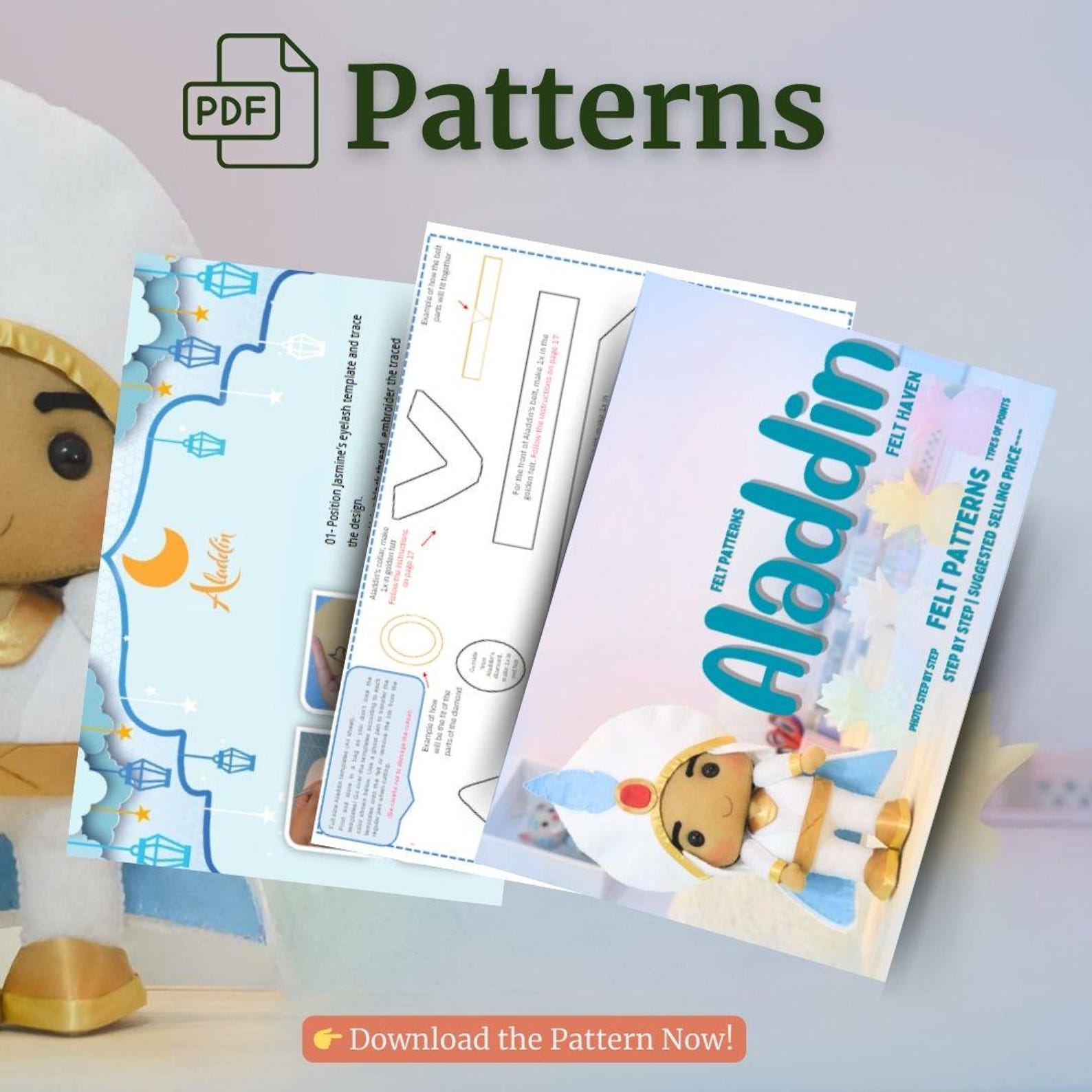 Aladdin Felt Doll Pattern: 35cm Plushie, Arabian Story (PDF Download ...