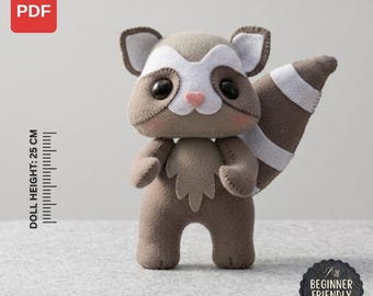 Patrón de costura 3D de mapache en PDF – Juguete de peluche del bosque – Plantilla de animal de fieltro para hacer tú mismo