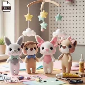 May include: Four plush animal figures: two bunnies and two bears, each with bowties or bows. A wooden mobile with star and cloud shapes hangs above. The scene includes craft supplies and the "FELTHAVEN CRAFT SHOPPING" logo.