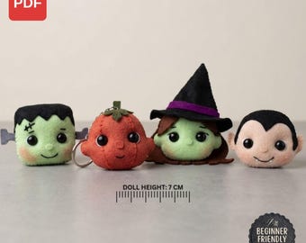 May include: A digital PDF pattern for four felt plush toys: a green monster with black hair, an orange pumpkin with a green stem, a green-faced witch with a black hat and purple band, and a pale vampire with black hair. Doll height is 7 cm.