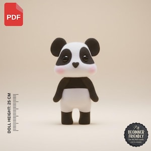 May include: A panda doll with a white and black body, large dark eyes, a small heart-shaped nose, and pink cheeks. The doll has a height of 25 cm as indicated by the text. A PDF icon and a badge labeled Beginner Friendly are visible.
