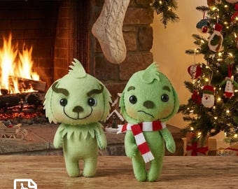 Green Grumpy Monster Felt Pattern - Holiday Mean One Sewing Template Set - Christmas PDF.