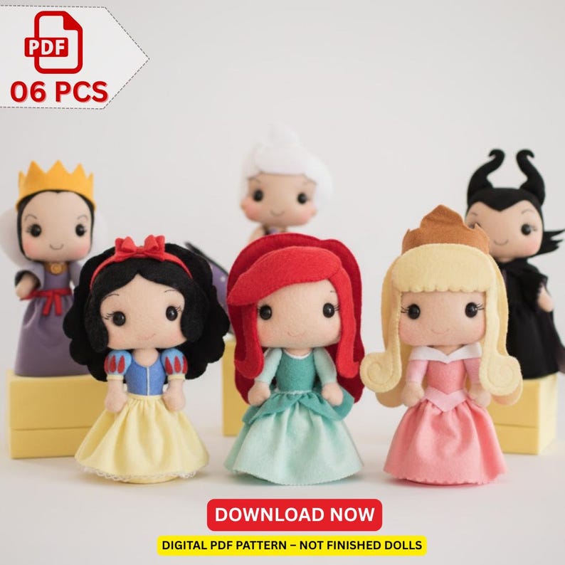 Fantasy Princess & Villain Felt Doll Pattern Bundle (6-in-1) | 3D Storybook Plush Sewing PDFs image 1