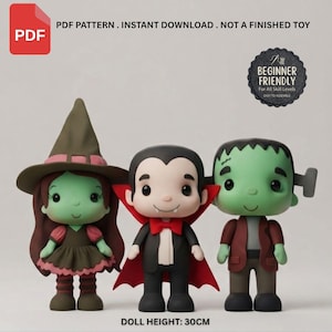 May include: Three stylized dolls measuring 30cm in height. The left doll is a green-skinned witch in a brown hat and dress. The center doll is a vampire in a black suit with a red cape. The right doll is a green-skinned monster with bolts.