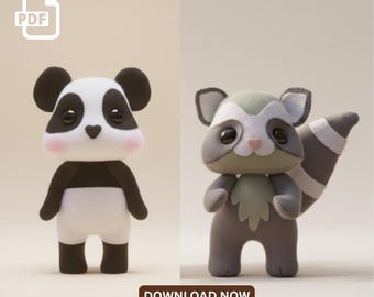 Felt Panda & Raccoon Sewing Pattern | 3D Plush Animal PDF | DIY Soft Toy Set