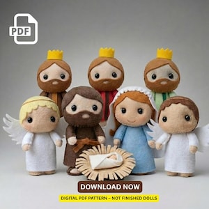 May include: A felt nativity scene with figures including the three wise men, Mary, Joseph, an angel, and baby Jesus in a manger. The figures are in various colors, including brown, white, and blue. The image includes the text "DOWNLOAD NOW".