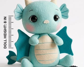 May include: A PDF pattern for a felt dragon doll, featuring text that reads PDF PATTERN. INSTANT DOWNLOAD. NOT A FINISHED TOY and BEGINNER FRIENDLY. The dragon is light blue with dark teal wings, a cream belly, and a doll height of 20.32 cm.