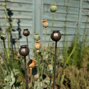 Metal Poppy Seed Head (set of three) | Garden Decor | Rusted Stake | Plant Support