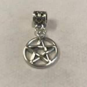 Può includere: Un charm color argento con un design a pentagramma all'interno di una cornice circolare. Il charm è sospeso da un piccolo anello decorativo, adatto per un braccialetto o una collana. Il charm è in metallo e ha una finitura lucida.