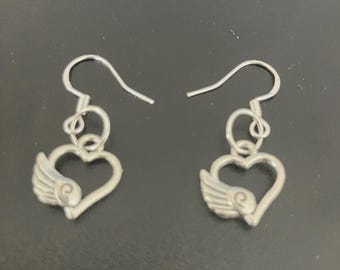 Sterling Silver Hook Earrings: Heart Angel Wing Charm